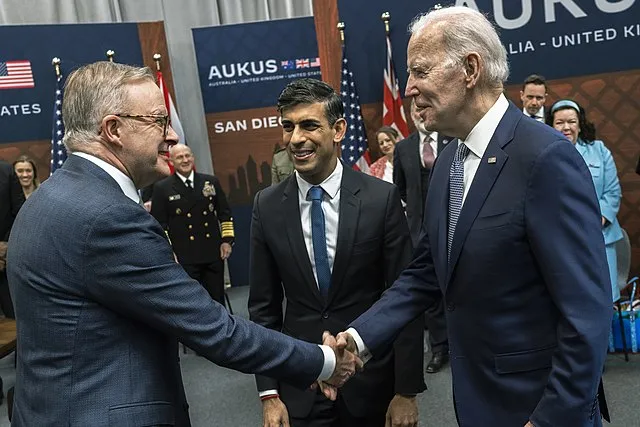 US President Joe Biden, UK Prime Minister Rishi Sunak and Australian Prime Minister Anthony Albanese at the AUKUS meeting in San Diego, California, on 13 March 2023
