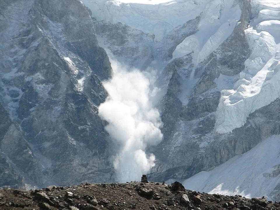 A powder snow avalanche in the Himalayas near Mount Everest.
