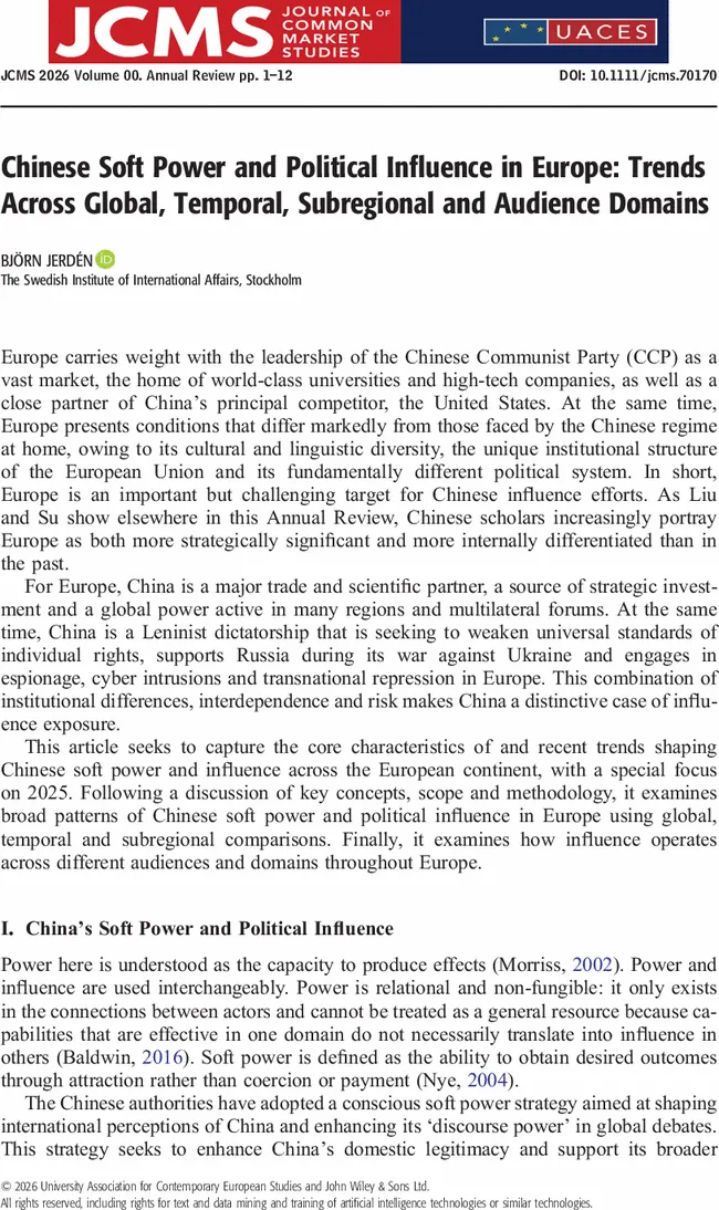Bjorn Jerden - Chinese Soft Power and Political Influence in Europe Trends Across Global Temporal Subregional and Audience Domains -  jcms.70170.fp