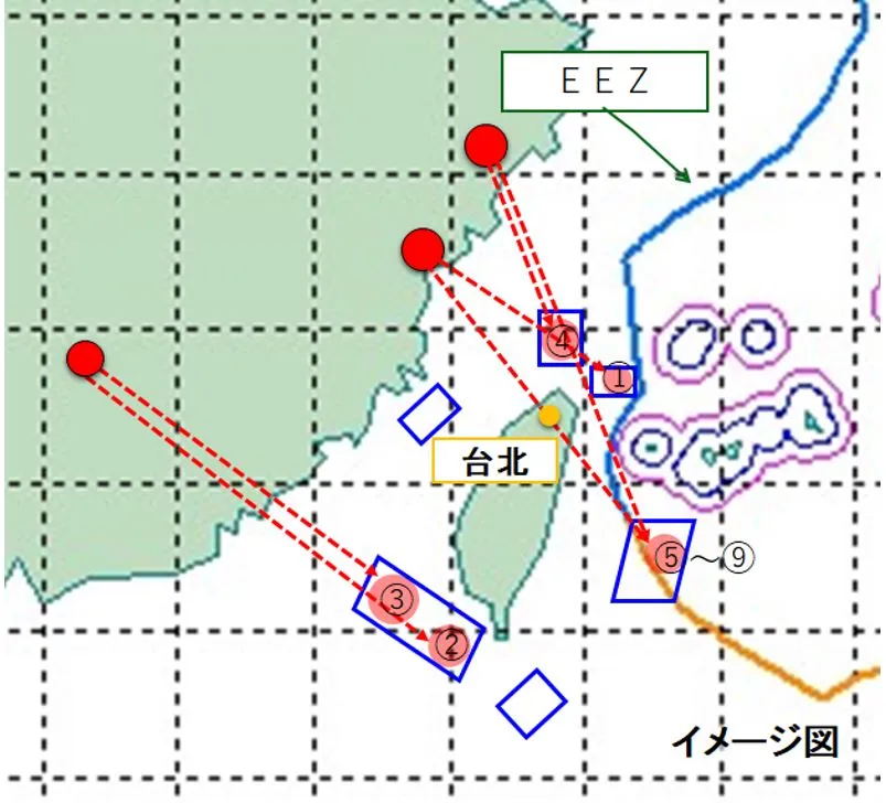 Estimated trajectory of the Chinese ballistic missile launches (source: Japanese Ministry of Defense, published on August 4, 2022).
