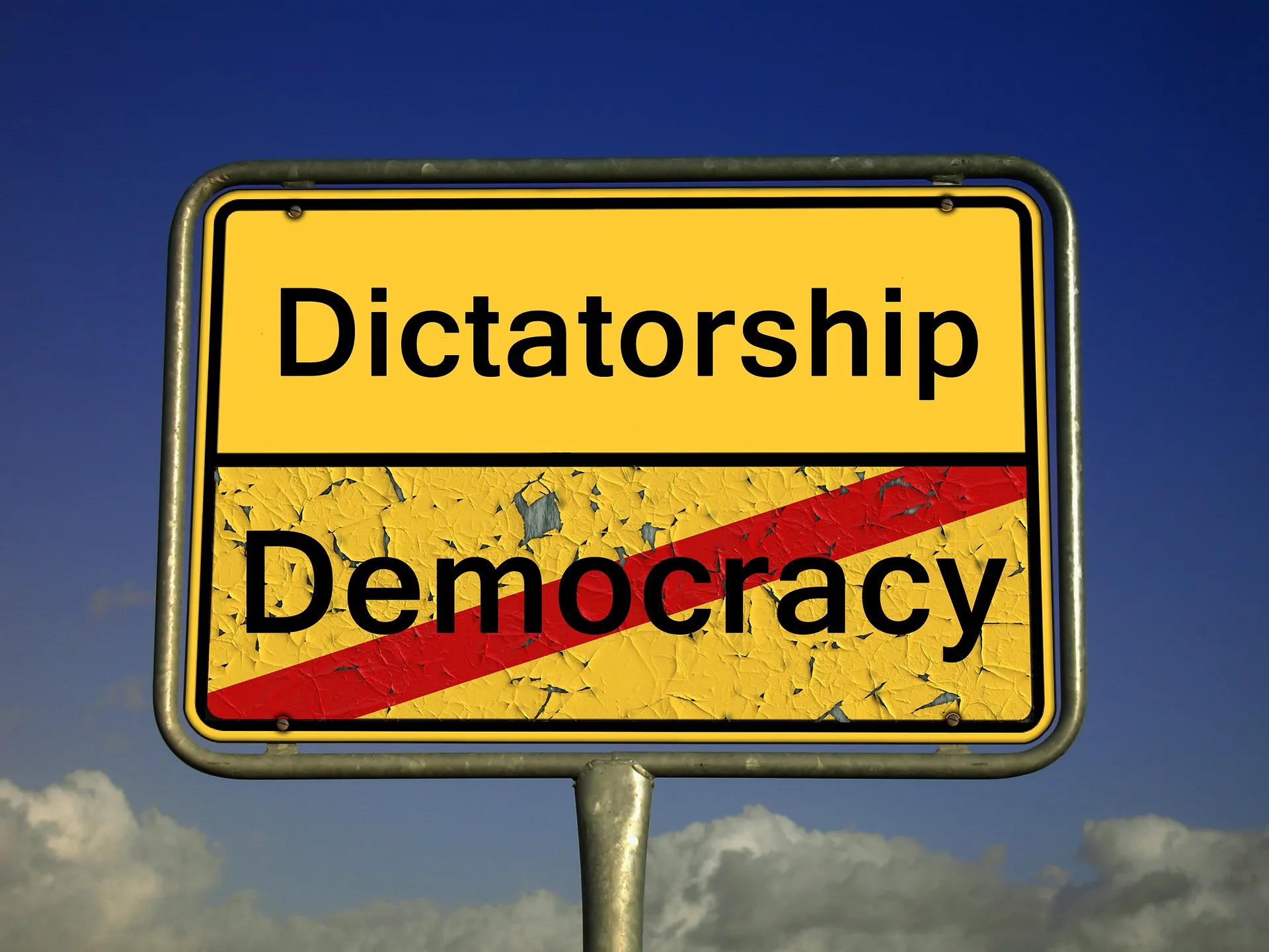 Dictatorship over corrupt Democracy Yellow Sign post