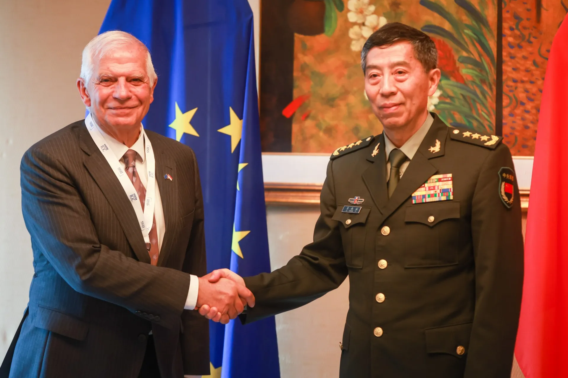 Josep Borrell Fontelles, High Representative of the Union for Foreign Affairs and Security Policy and Vice-President of the European Commission (left) shakes hands with Chinese Minister of National Defence, General Li Shangfu in Singapore at the Shangri La Dialogue on Sunday, 4th June 2023