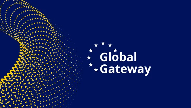 The Global Gateway Graphic, as published by the European Commission. It shows the Logo and design-art to the left.

