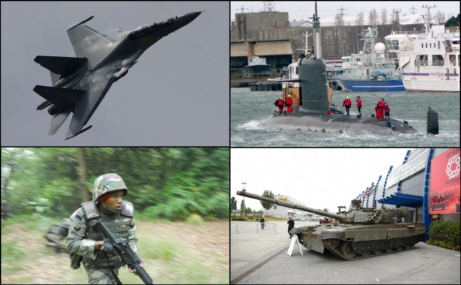 An examples of Malaysian Armed Forces main weaponry assets. Clockwise from top right: Scorpène-class submarine, PT-91M MBT, Malaysian Army paratrooper with M4A1, and Su-30MKM fighter aircraft.

