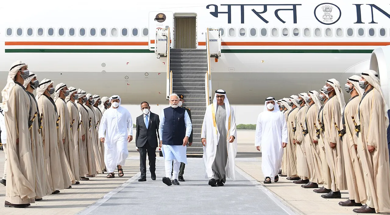 PM being welcomed by the President of UAE, Mr. Sheikh Mohamed bin Zayed Al Nahyan at Abu Dhabi Airport, in UAE on June 28, 2022
