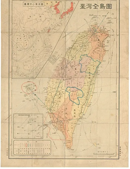 Map of Taiwan, scale 1:1000000, created by the Japanese local government in Taiwan. The original piece is displayed in the National Museum of Taiwan History, Taipei. The map was published in 1940 (map data collected in 1939)

