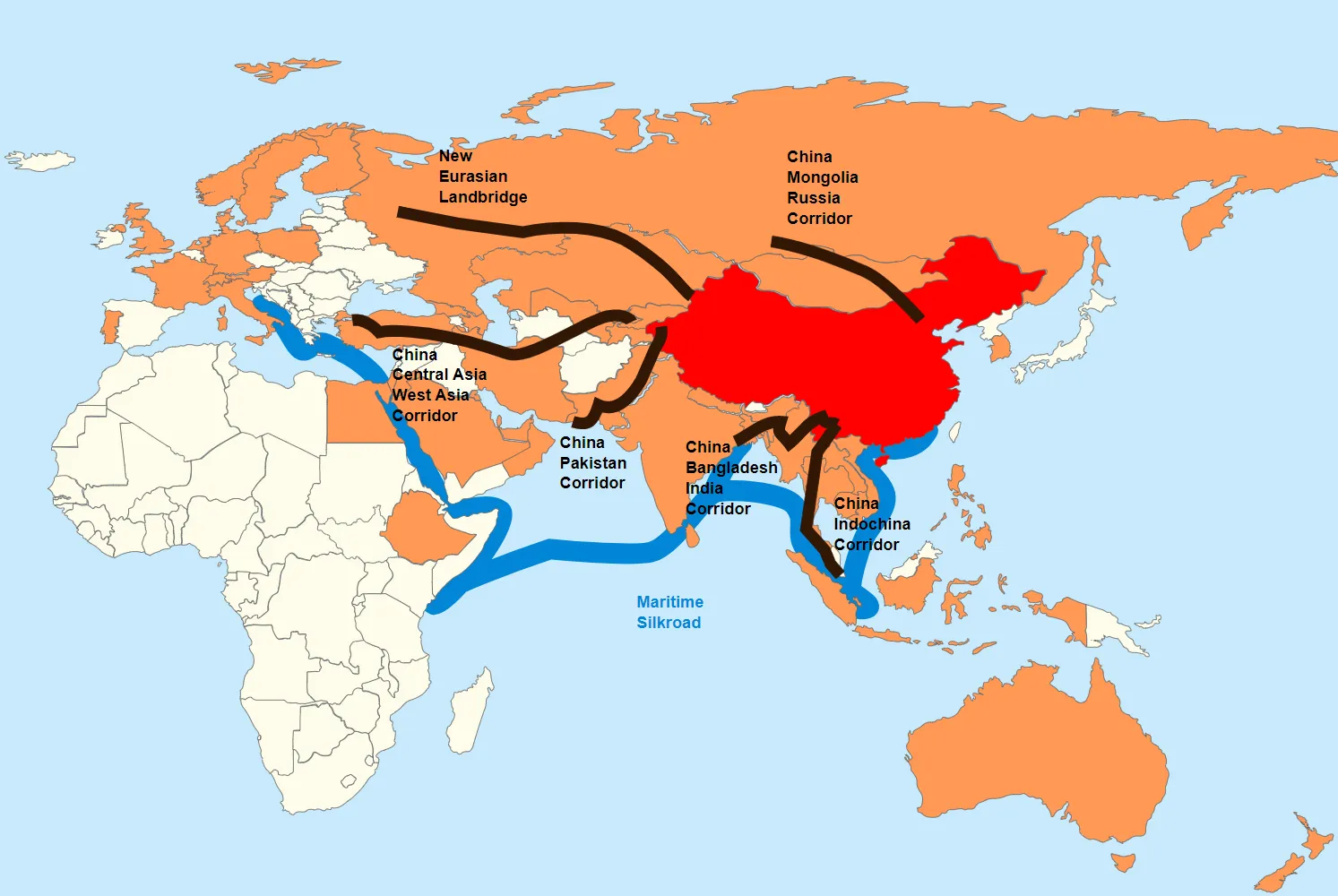 The Belt and Road initiative. China in red. Members of the Asian Infrastructure Investment Bank in orange