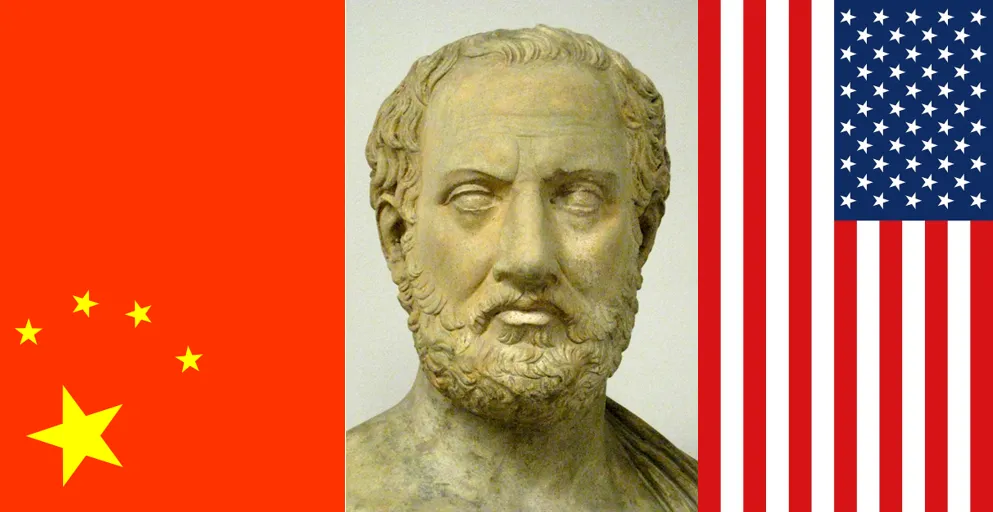 Thucydides trap with Chinese American Flags and Greek Bust