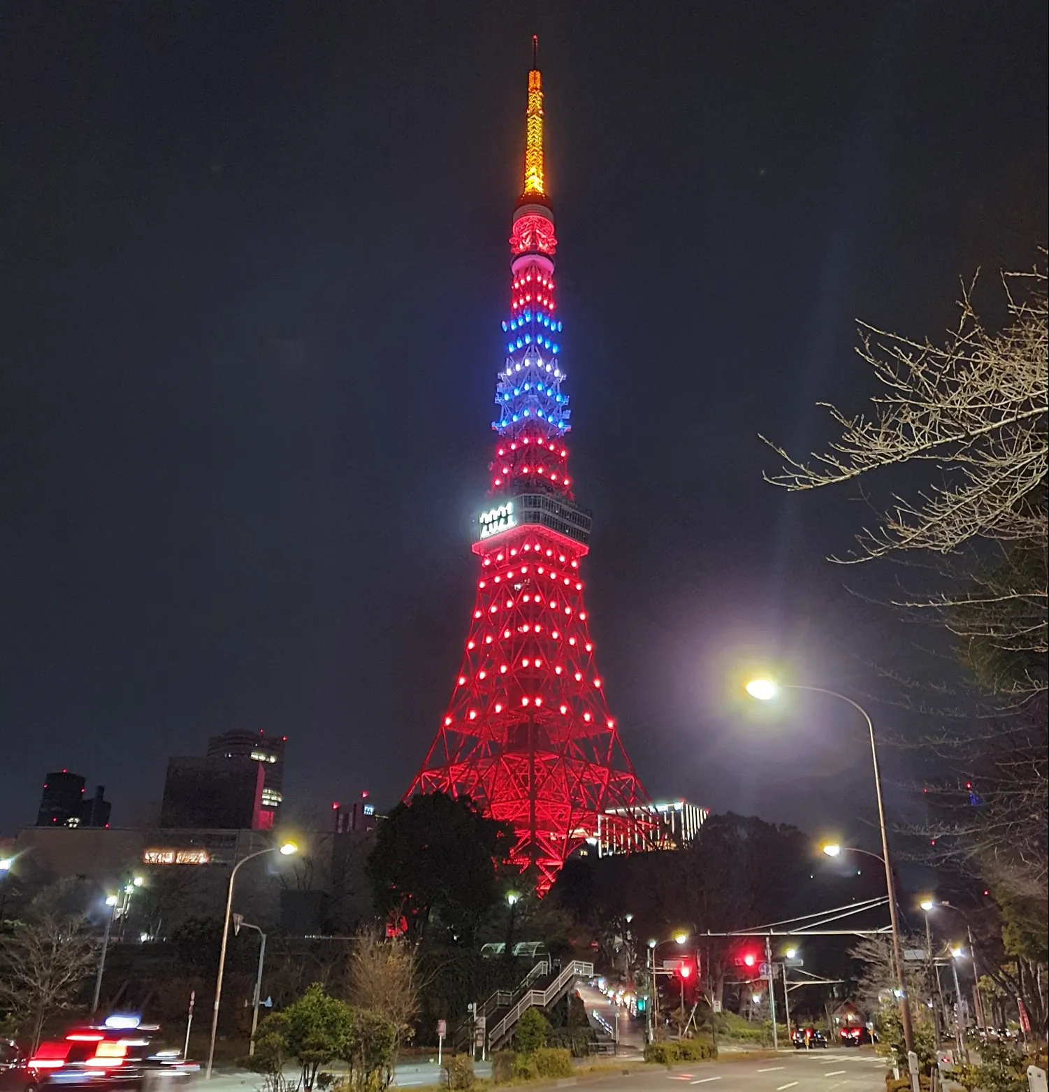 Tokyo Tower lit up with Taiwan's national colors, to celebrate the friendship between Japan and Taiwan
