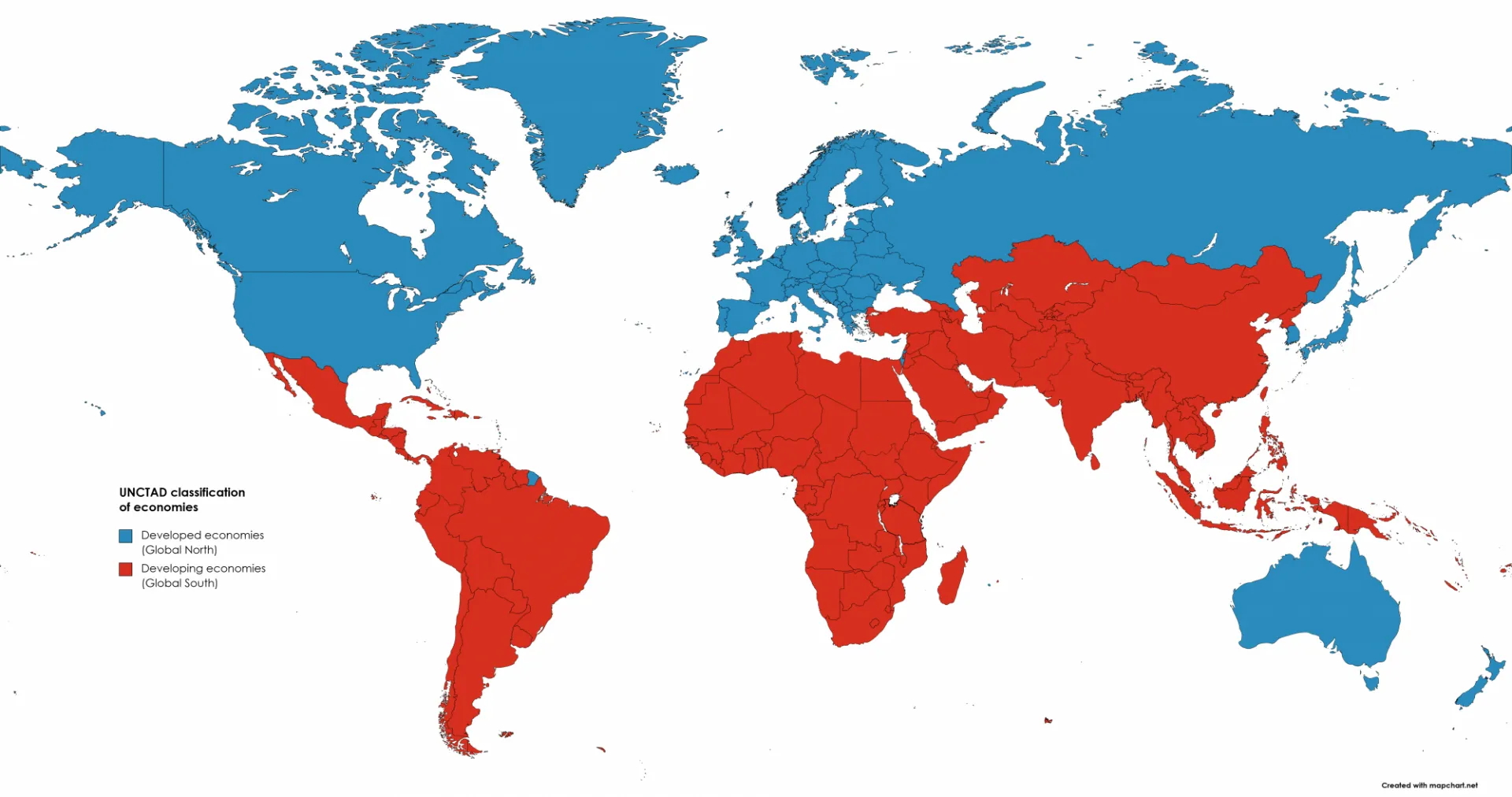 Economic classification of the world's countries and territories by the UNCTAD in 2023: the Global North (i.e., developed countries) is highlighted in blue and the Global South (i.e., developing countries and least developed countries) is highlighted in red.[1][2][3]
