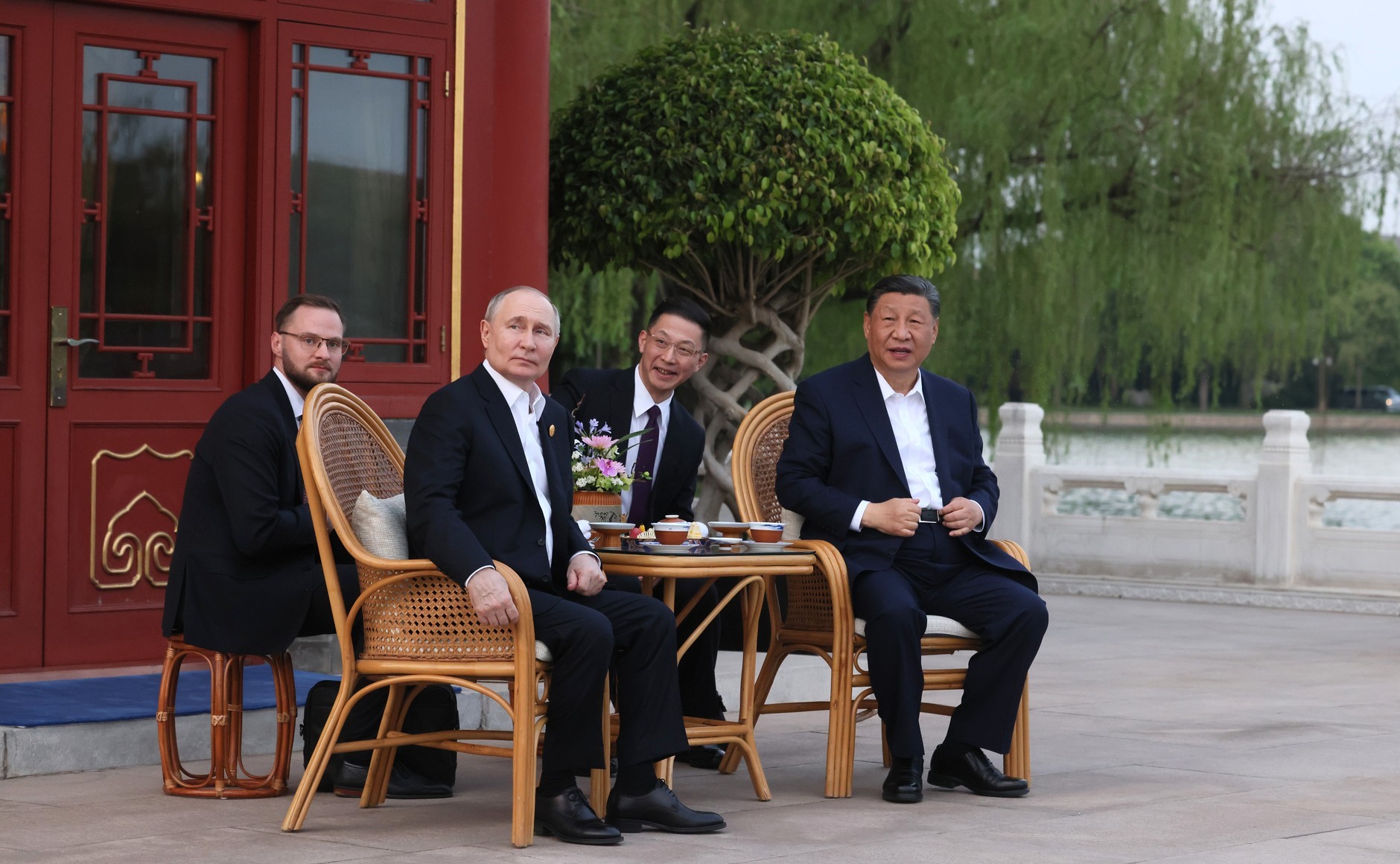 Xi having tea with Vladimir Putin in the garden of Zhongnanhai during Putin's visit to China in May 2024

