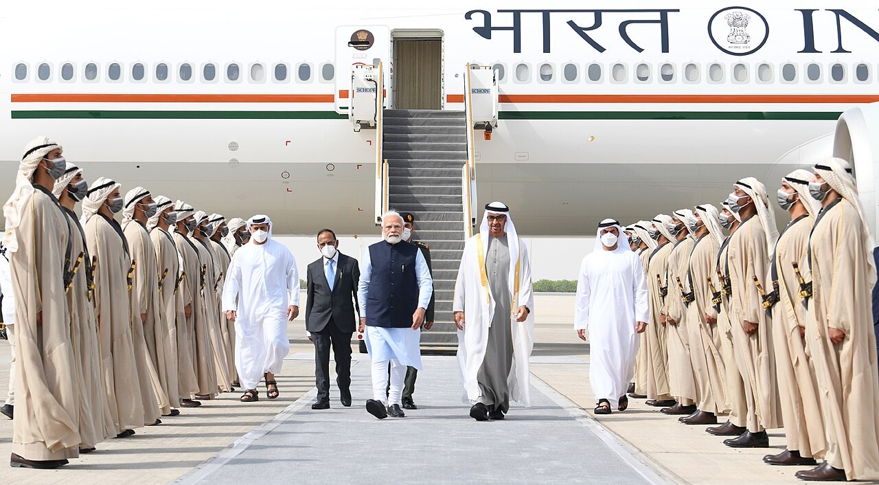 PM being welcomed by the President of UAE, Mr. Sheikh Mohamed bin Zayed Al Nahyan at Abu Dhabi Airport, in UAE on June 28, 2022
