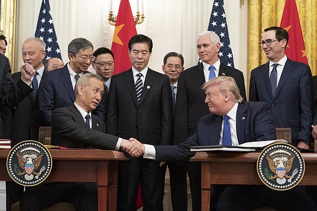 President Donald J. Trump, joined by Chinese Vice Premier Liu He, sign the U.S. China Phase One Trade Agreement Wednesday, Jan. 15, 2020, in the East Room of the White House. (Official White House Photo by Shealah Craighead)
